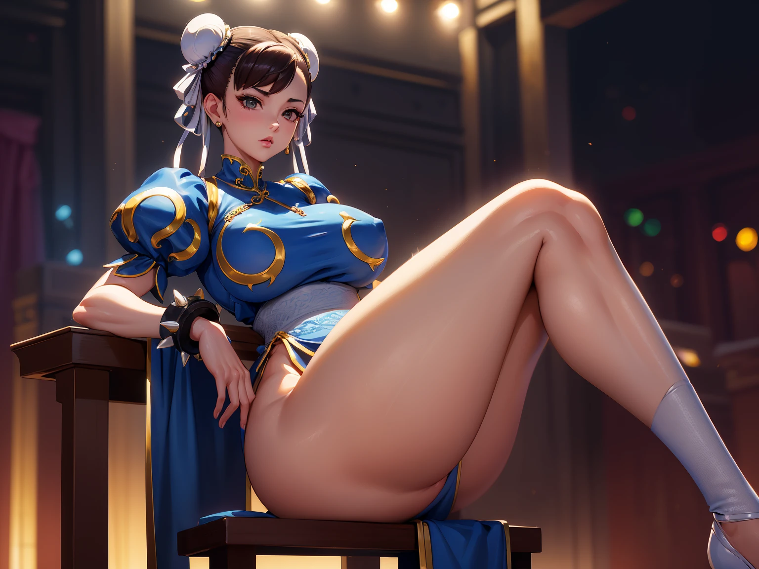 (La mejor calidad,4k,Altas Resoluciones:1.2),Ultra detallado,fotorrealista:1.37,chun-li sentado en un trono,sexy,strong and confident expression,exquisito disfraz y accesorios,Cabello largo y suelto,ojos cautivadores,Labios detallados,piernas musculosas,Mood Lighting,Studio lighting,vivid colors,Bokeh,插圖,entorno real,grandeza,colorful backdrop,Detalles refinados,profesional