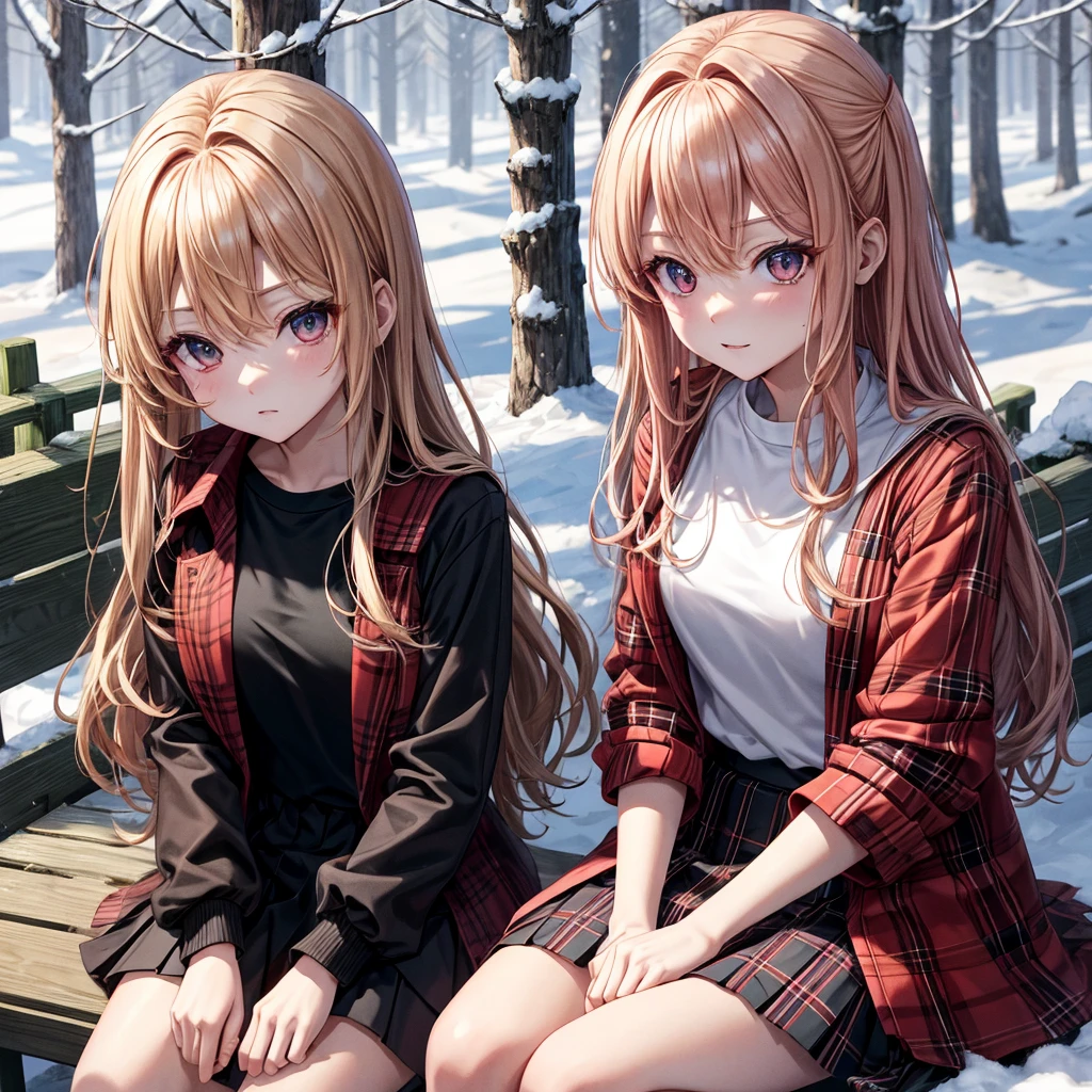red blonde、verd s eyes、one good looking girl、独奏、animesque、lightly dressed、Plaid miniskirt、sitting on、Black T-shirt、coat、the woods、Sunlight、Looks cold、Snow is piled up、black tea、steam