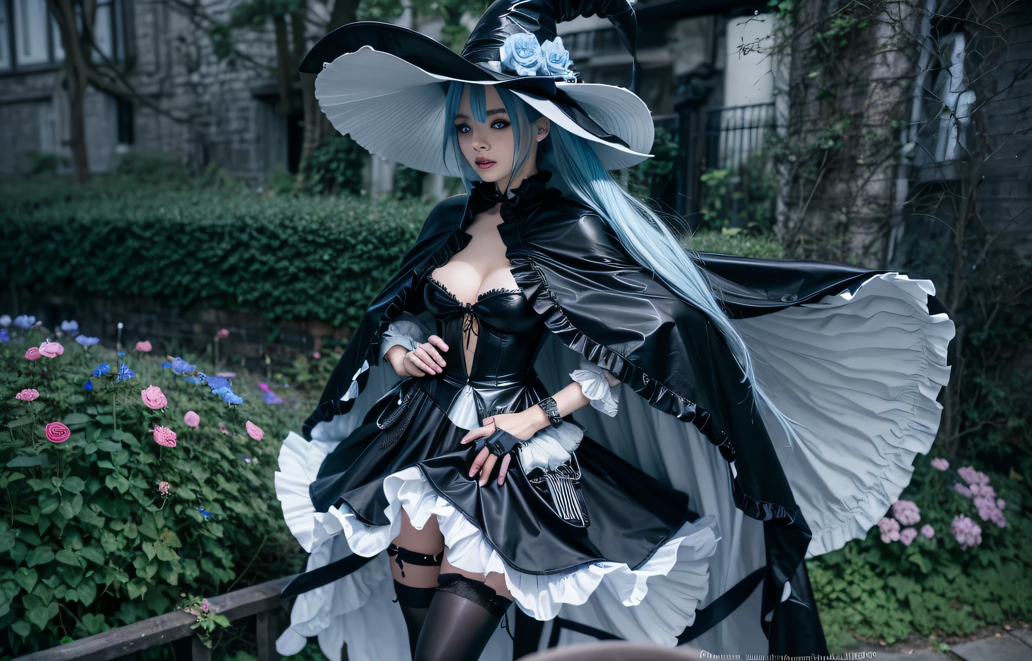 sexy young girl, very long blue hair, light blue hair highlights, frill witch hat, black leather frill ribbon dress, black and white cape, large breast, blue rose, black stockings, red and blue heterochromia eyes, sexy serious face, blue rose on hip