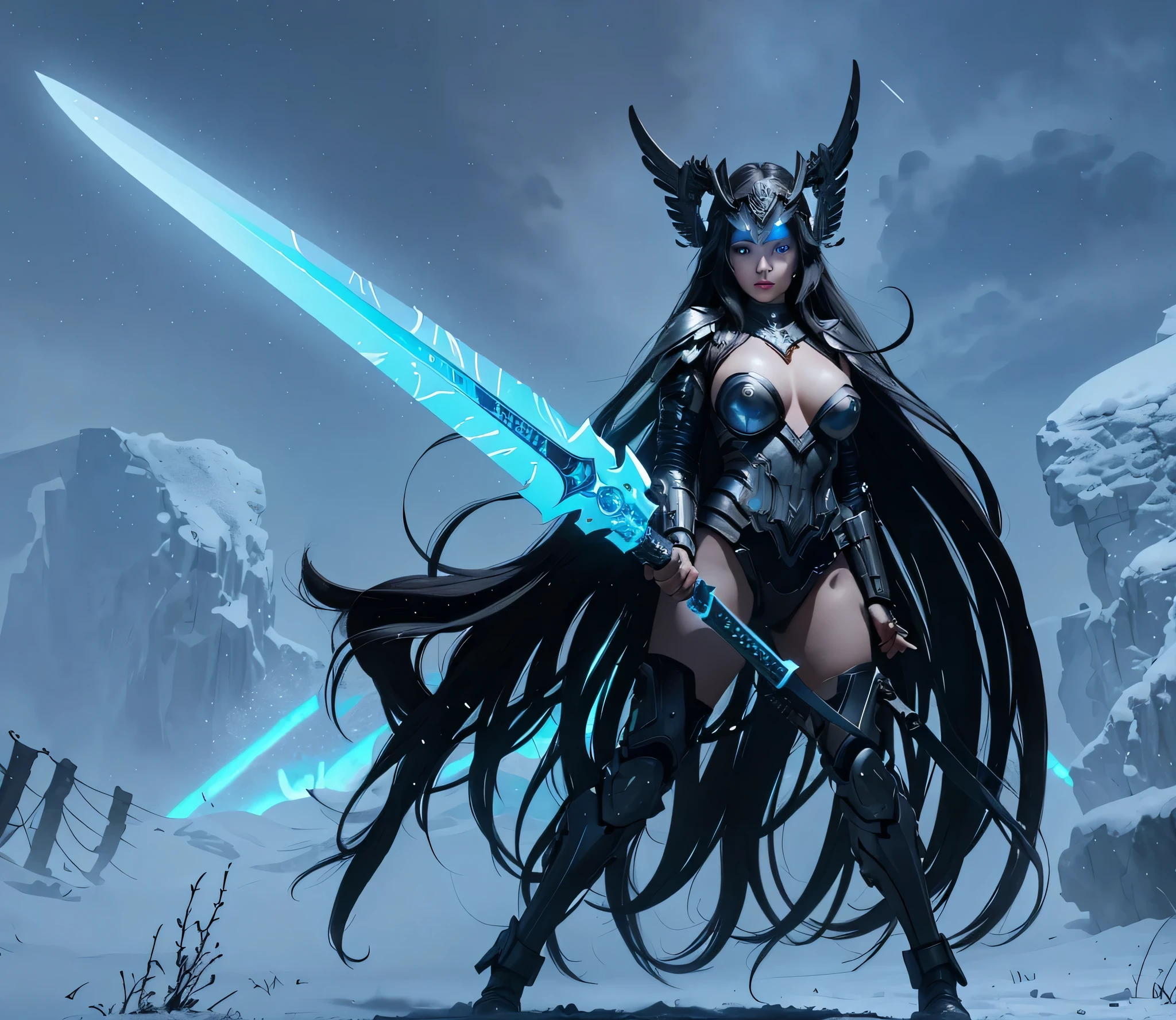 young cute girl, very long hair strands, valkyrie helmet on forehead, large breast. arms in front holding large sword, cyber suit, glowing blue eyes, cute face