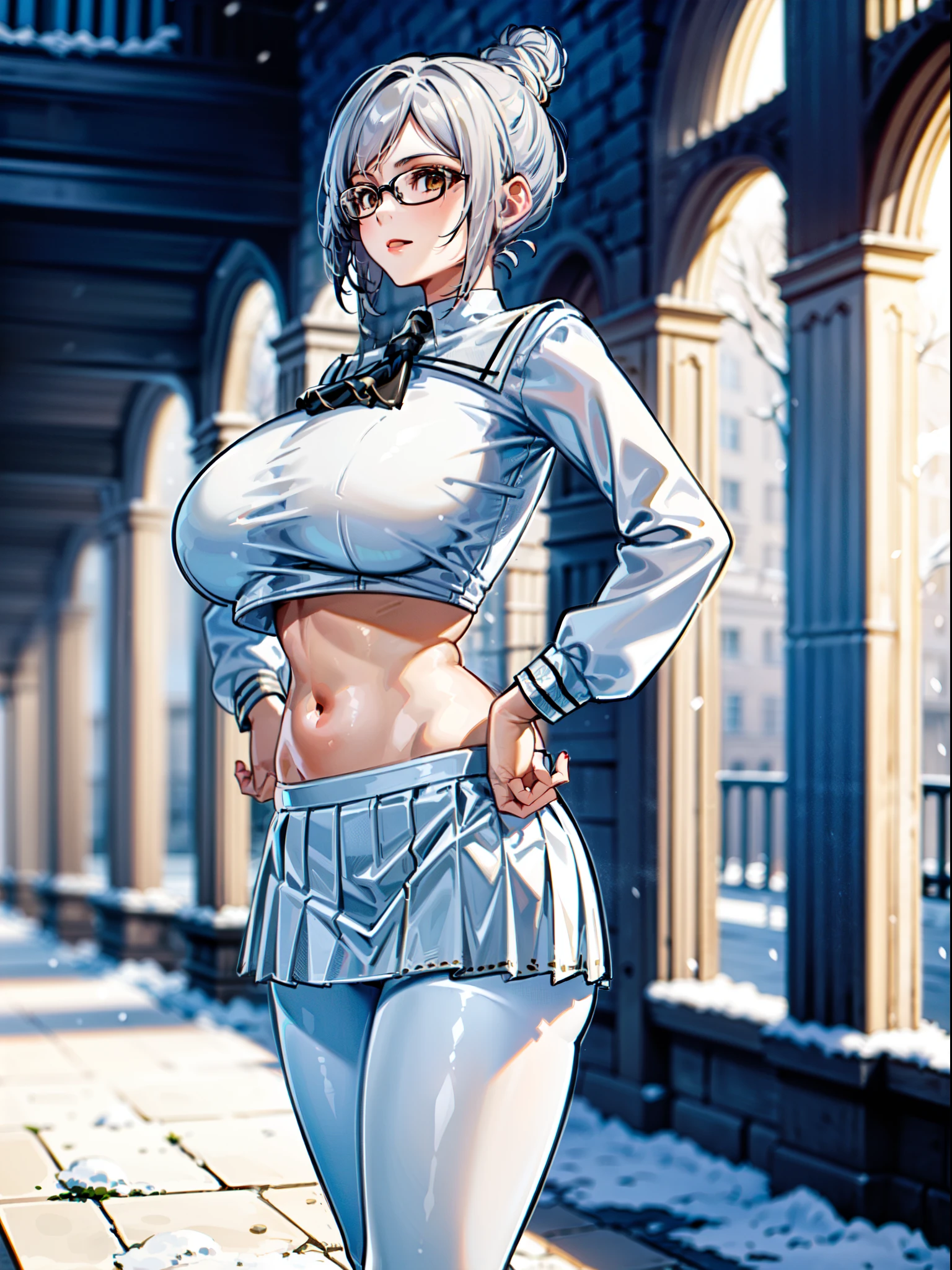 masterpiece, best quality, extremely detailed, 1girl, solo, shiraki meiko, (huge breasts:1.5), (((grey hair, long hair, hair bun, glasses, brown eyes))), parted lips, (((white serafuku, double-breasted, crop top, white skirt, white pantyhose, long sleeves))), ((light smile), closed mouth), ((hands on own hips, window, castle, winter, snowing))