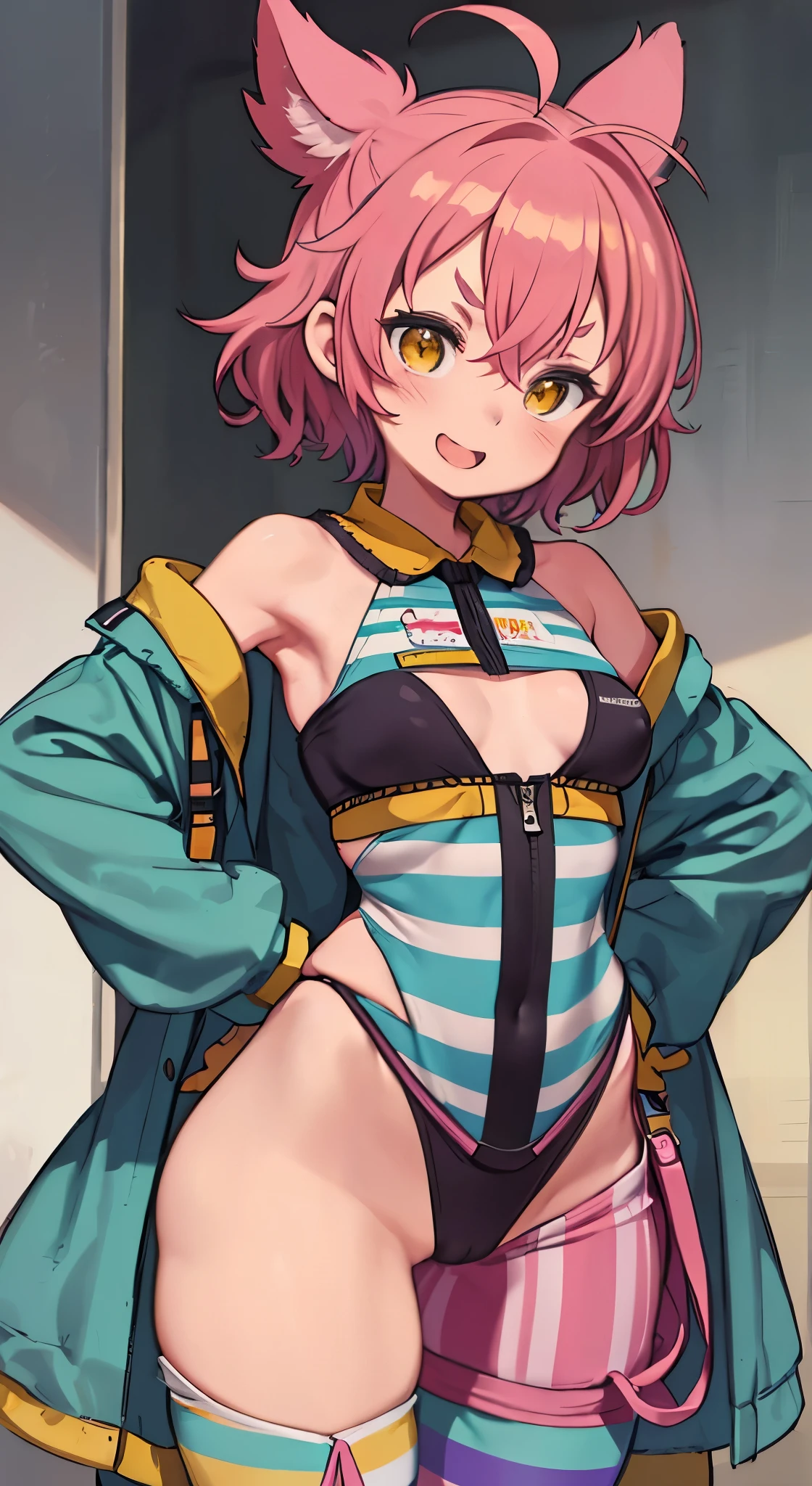 (Perfect body),Best Quality, K、NSFW、(((((Lori)))))、((((Short stature))))、blush、(V-shaped eyebrows)、:D、embarrassed from、((((Short hair))))、(hair messy)、waved hair、Ahoge、(Yellow eyes),((A pink-haired))、Yellow goggles on the head、yellow lean hair clip、(White knee socks)、(Pink gloves)、Yellow jacket、((light blue striped pants aslat chest)))、(((thick thighs)))、spreading legs、Armpits、Electronic space、