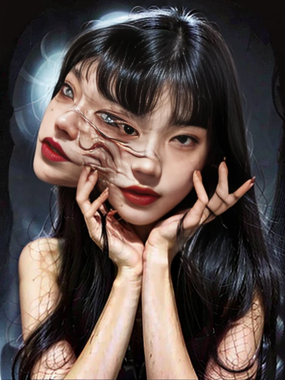1Japanese woman,Long black hair,There are 2 faces stuck together in one body.,nighttime,Scary,frightful
