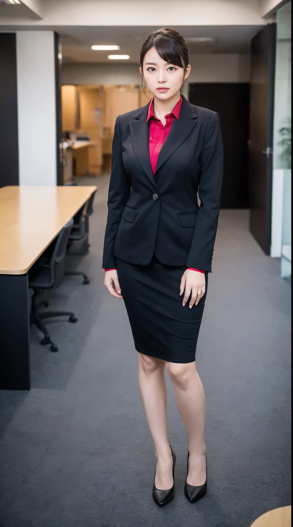 (masutepiece,High quality:1.3),(depth of fields:1.3) ,((front body:1.35)), Japanese ,beautiful woman,Chignon,Black Piece suit, collared shirt, Black pencil skirt,Huge breasts, chubby,(Looking at Viewer:1.3),(Full body:1.2),office