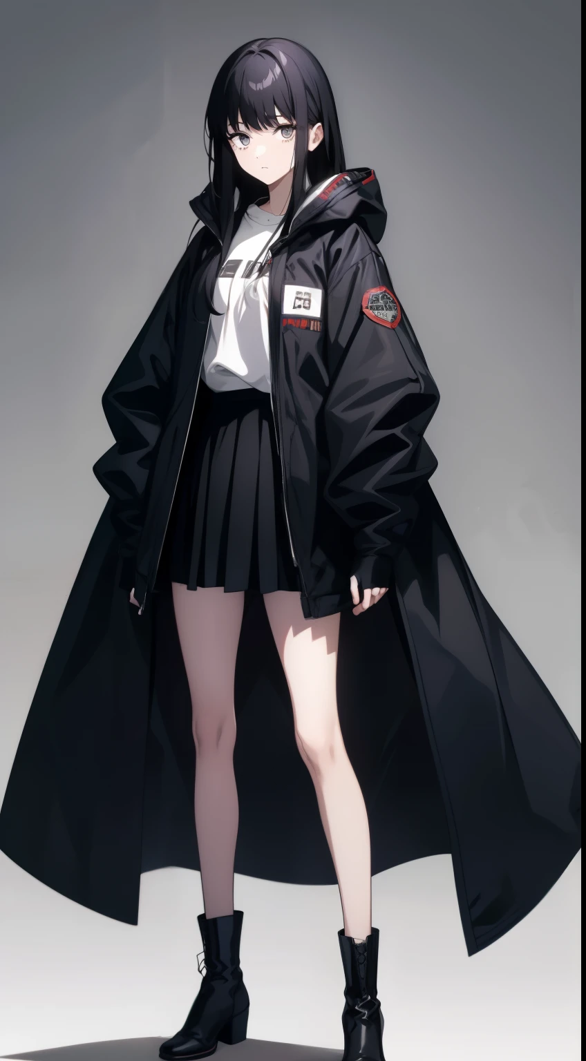 1girl in、femele、A dark-haired、Long、straight haired、bangss、Patsun bangss、short bangss、Black eyes、Eye of the cut、a cool、parka、skirt by the、boots、Gray background、full bodyesbian、is standing