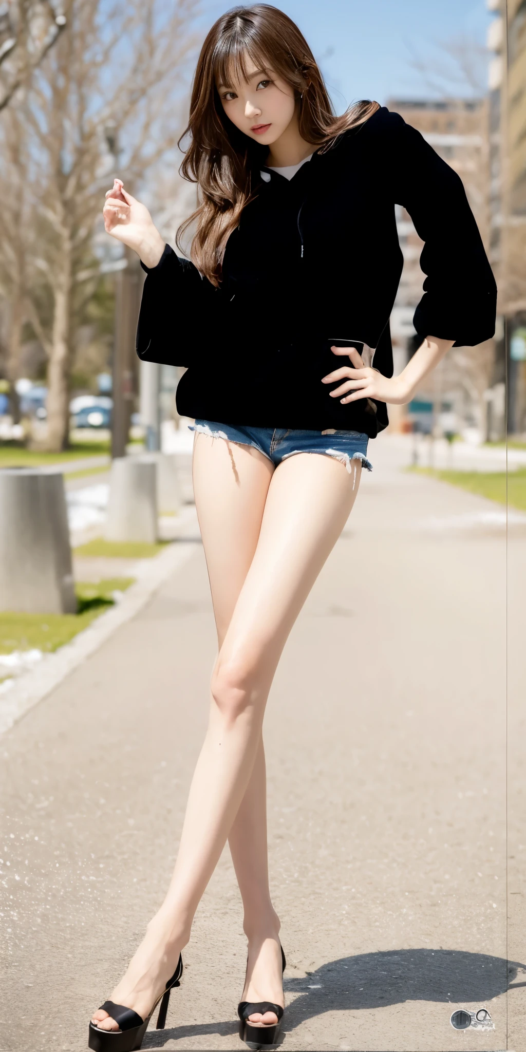A Japanese Lady、beauitful face、二重まぶた、Big eyes、Long Black Hair、Black hoodie、micro short legs、Raw feet、pin heels、tall、super long lego del pose、、oyuno cover、snow blowing、snowscape、