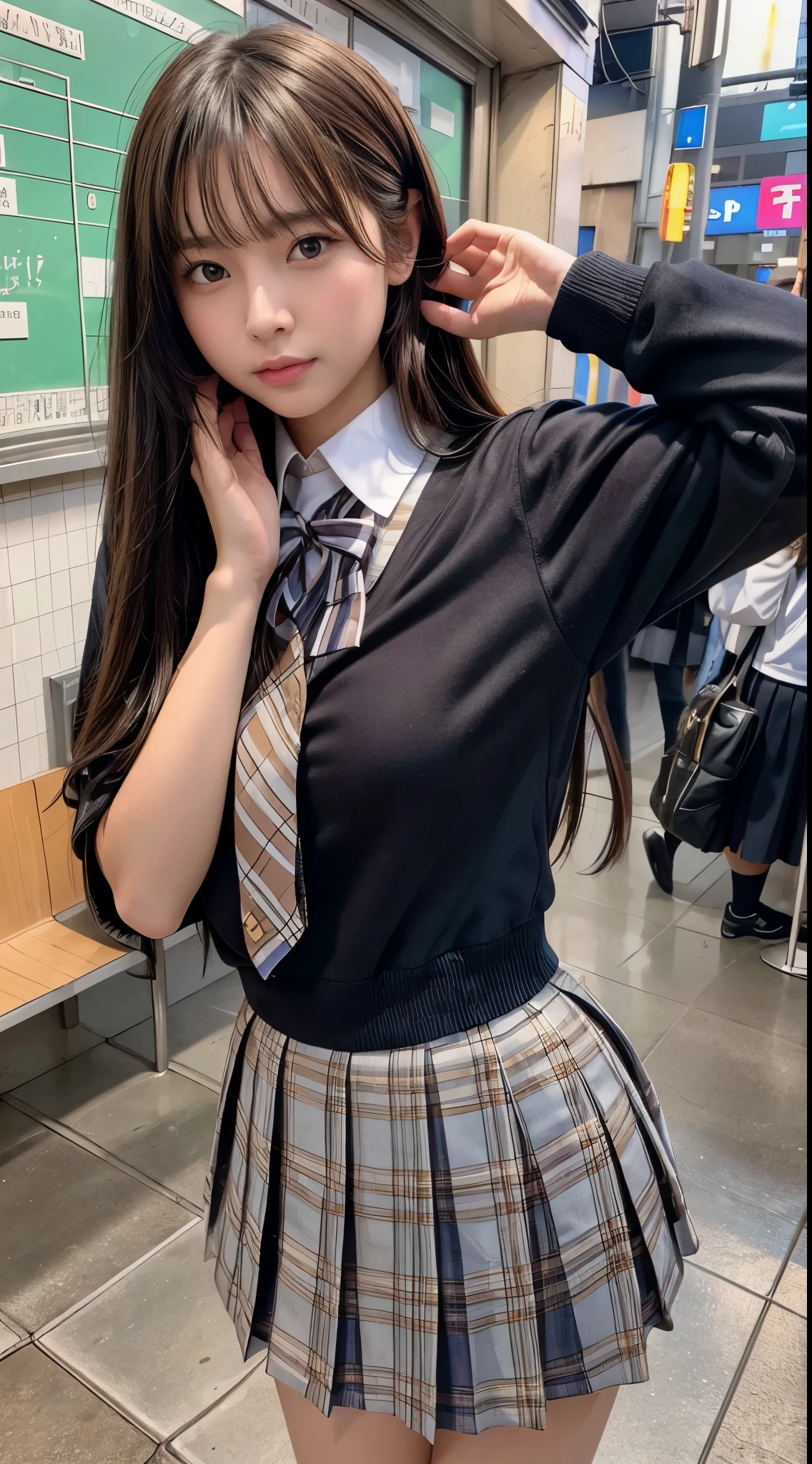 masterpiece, best quality, high quality, detailed, ultra detailed, hyper detailed, insanely detailed, exquisite, beautiful, 4K, 8K, absurdres, highres, a girl, shy, embarrassed, hands on head, looking at viewer, long hair, straight hair, shiny hair, brown hair, tareme, droopy eyes, shiny skin, detailed skin, detailed face, glamorous, beautiful breasts, beautiful ass, (idol, school uniform:1.3), cute face, delicate facial features, japanese idol, curvy, 20-year-old, japanese, in the subway, photorealistic, ultra realistic photo, realistic portrait, raw photo, real person, nsfw, cowboy shot, dynamic angle, sharpen, best light, depth of field