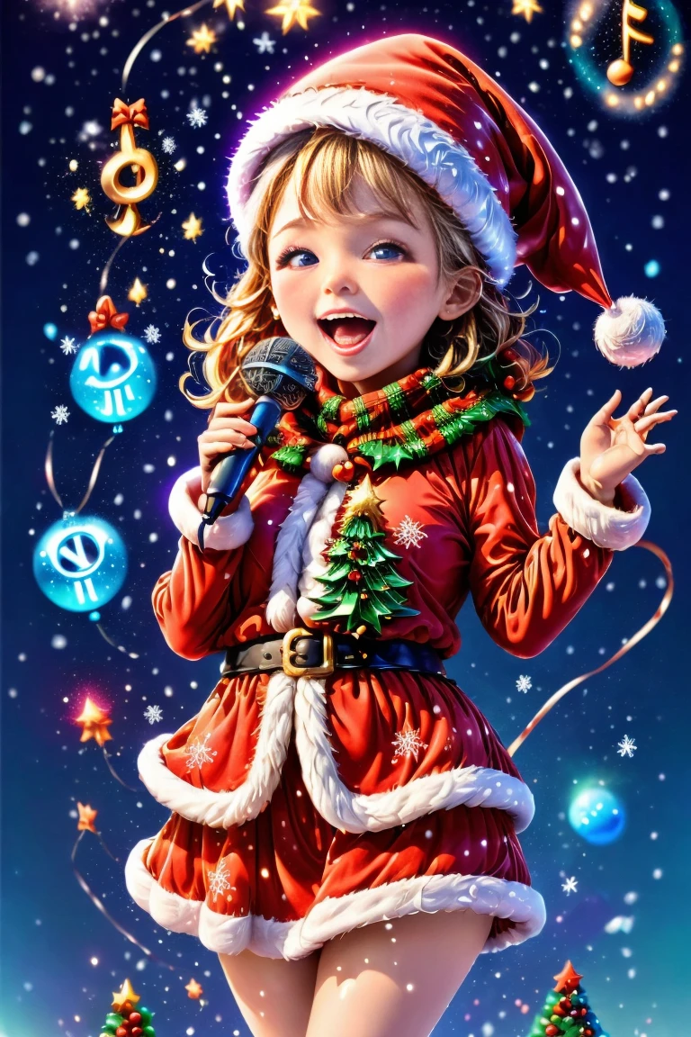 ((1 cute christmas girl)),((Singing with a microphone)), (((Many syllable symbols are floating in the air))),Christmas elements,Snowy days,8K, Irridescent color, vivd colour