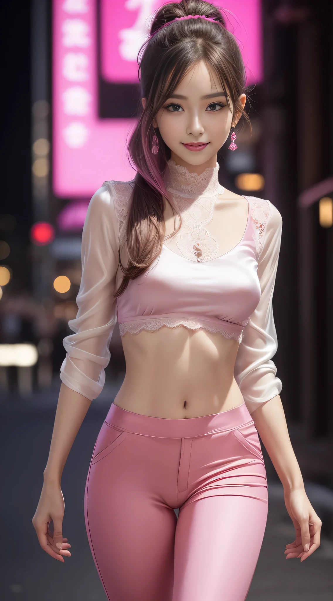 8K, masutepiece, Raw photo, Best Quality, Photorealistic, Highly detailed CG Unity 8K wallpaper, depth of fields, Cinematic Light, Lens Flare, Ray tracing, (Extremely beautiful face, Beautiful lips, Beautiful eyes), intricate detail face, ((Ultra detailed skin)) 1girl in, In the Dark, deepshadow, Pretty Korean girl, Kpop Idol, 1 girl, (Very slim and slender fit muscular body:1.3), ((Looking at Viewer)),(Big smile:1.3), (tight lace blouse), (Hot Pink Color Blouse), (sleeve fashion city night, a dark night, (Neon sign), (Blurred background), Fashion Street Night),(No people in the background:1.3), Beautiful earrings, Bracelets, Necklace, pantyhose, Clear eyes, (pale skin), (big eye ace forward, ((upperbody shot)), ((Silk Hot Pink Color Pants:1.3)),(Brown hairs),((Tight Fit Silk Pants)), (Looking at Viewer:1.3) opened breast, Very slim, medium breasts, see through, Transparent pants, Pony tail, updo hair, ((Camel toe))