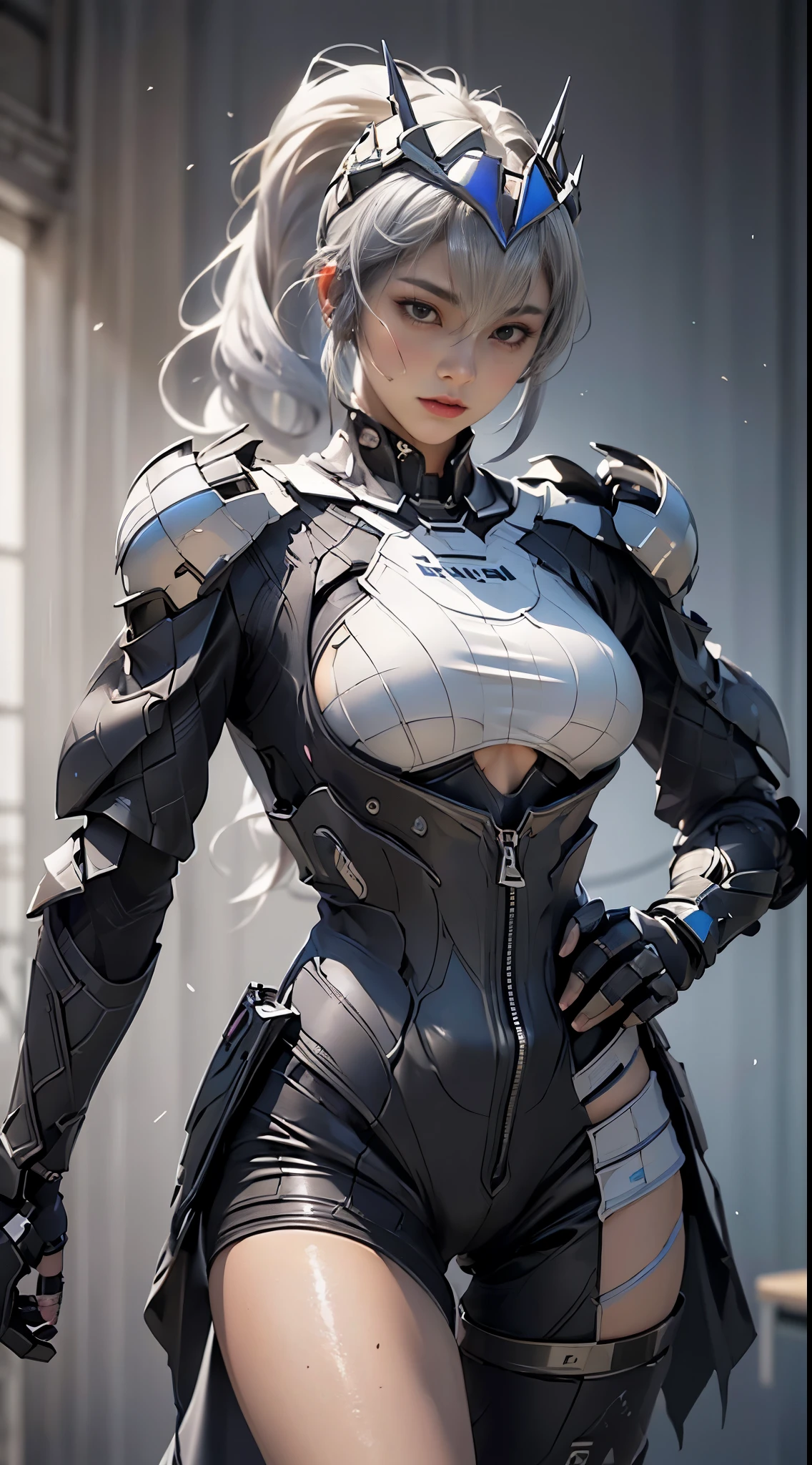 ((unreal enginee 5)), lifelike rendering, excellent, (Full Armor Body), (cloaks), looking in camera, Stand in the studio, Beautiful face, CGI Mix, (Photorealism:1.2), Ultra-realistic UHD face, beautiful body, ((Glowing skin)), ((Shiny skin)), Realistic body, ((She has a )), ((Clean skin)), Photorealistic, Bokeh, Motion Blur, masterpiece, high resolution, 1080p, Super Detail, Textured skin, ((close up to upper body)), ((large breast)), silver hair, drill hair:0.4