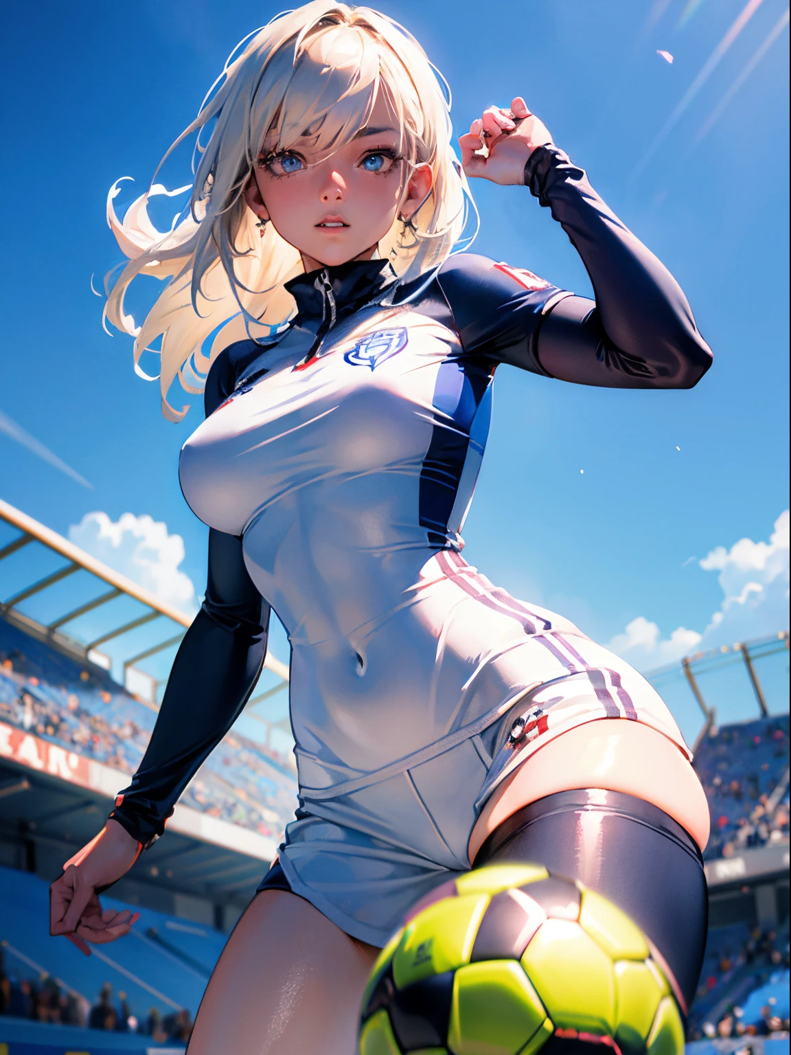 (Best Quality, masutepiece),ultra detailed photographic,1girl in, Women's Soccer Players ,Large breasts,nice legs,Shoot the ball,At the soccer venue,Detailed beautiful face,Beautiful eyes,detailed hairs,detailed clothes,Detailed realistic skin,Cool,Dynamic Angle,from below