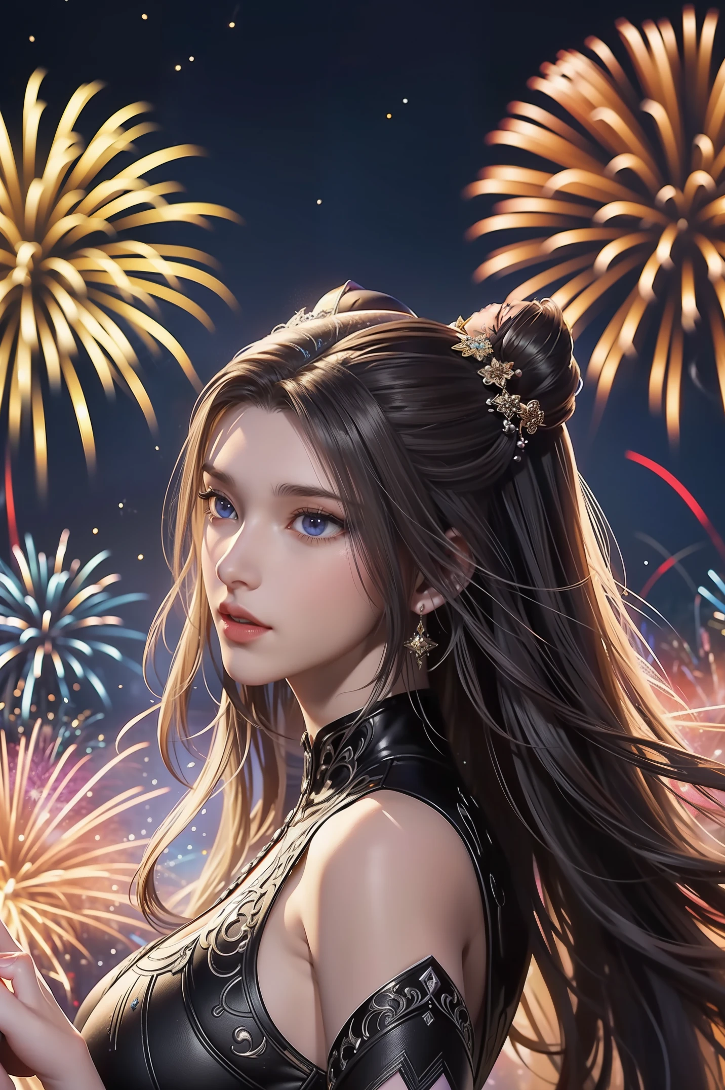 (tmasterpiece,top Quority,best qualtiy,offcial art,Beauty and aesthetics:1.2),(1girl),Extremely detailed,(s fractal art:1.3),extremely colorful,Most detailed,Fireworks explode in the sky , The fireworks are huge,Spectacular fireworks display.