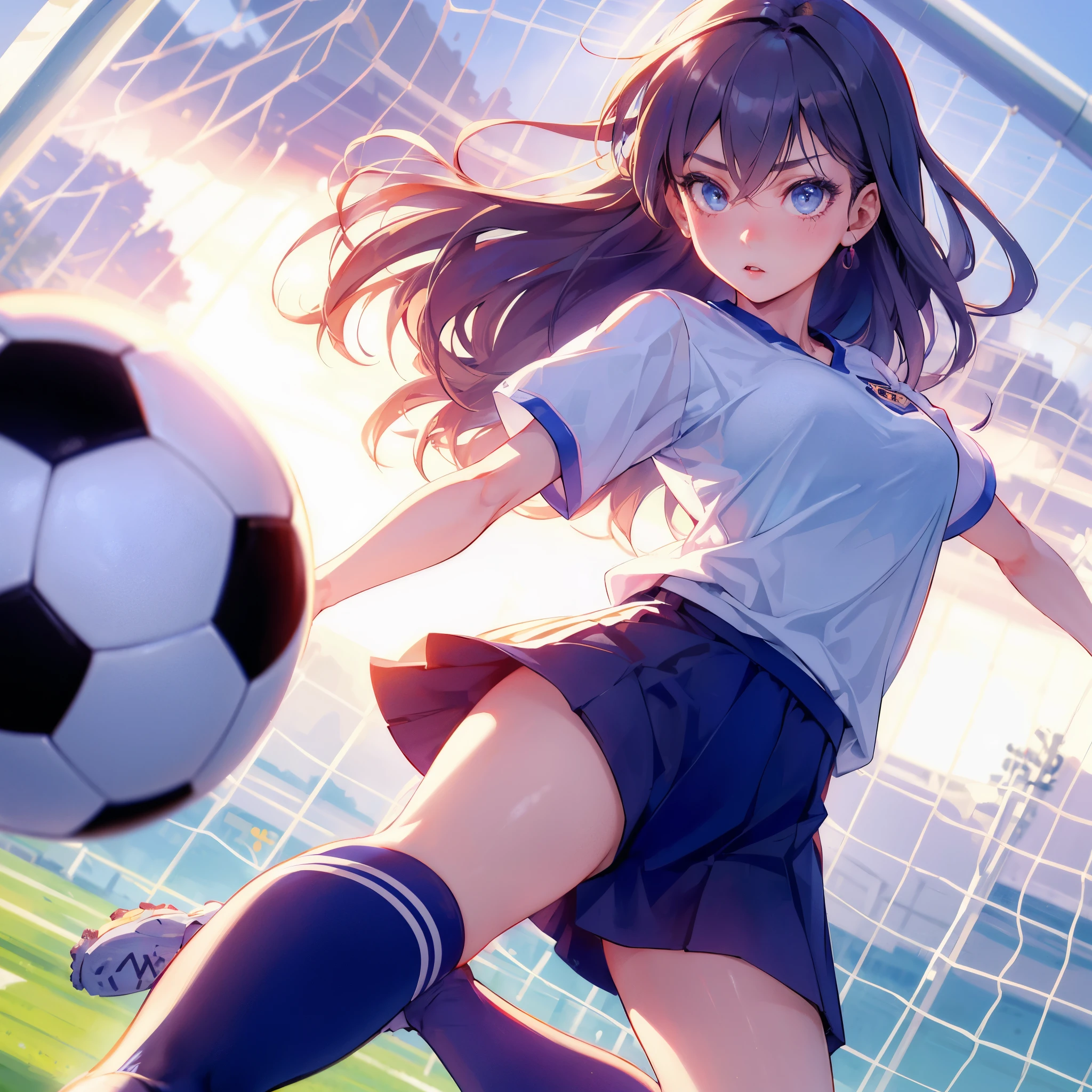 (Best Quality, masutepiece),ultra detailed photographic,1girl in, Women's Soccer Players ,Large breasts,nice legs,Shoot the ball,At the soccer venue,Detailed beautiful face,Beautiful eyes,detailed hairs,detailed  clothes,Detailed realistic skin,Cool,Dynamic Angle,