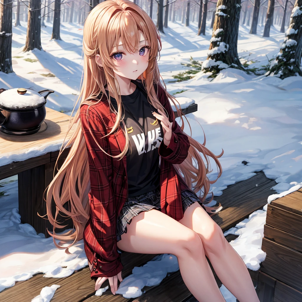 red blonde、verd s eyes、one good looking girl、独奏、animesque、lightly dressed、Plaid miniskirt、sitting on、Black T-shirt、coat、the woods、Sunlight、Looks cold、Snow is piled up、drinking steaming tea