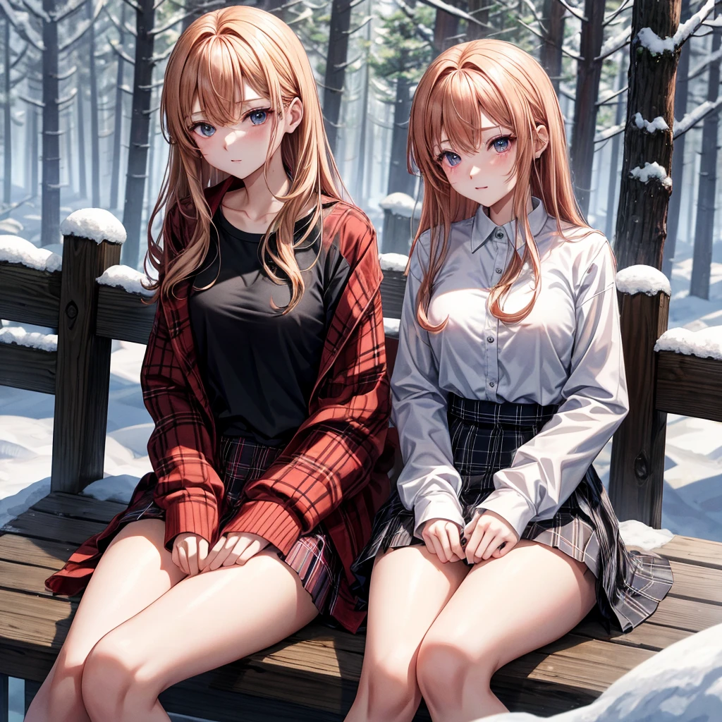 red blonde、verd s eyes、one good looking girl、独奏、animesque、lightly dressed、Plaid miniskirt、sitting on、Black T-shirt、coat、the woods、Sunlight、Looks cold、Snow is piled up、drinking steaming tea