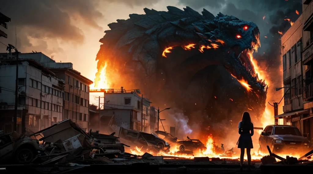 (in 8K, RAW Photos, top-quality, masterpiece:1.2), (realisitic, Photorealsitic:1.37), ultra-detailliert, high resolution, Beautiful Girl, Looking at Viewer, Beautiful 15-year-old girl with a gigantic monster in tow in devastated town, A Beautiful girl who controls a monster, A Beautiful girl and a monster destroy the city, Huge Monster, terrified expression,building crumbling, Burning flame, stunningly beautiful face, dynamic ungle