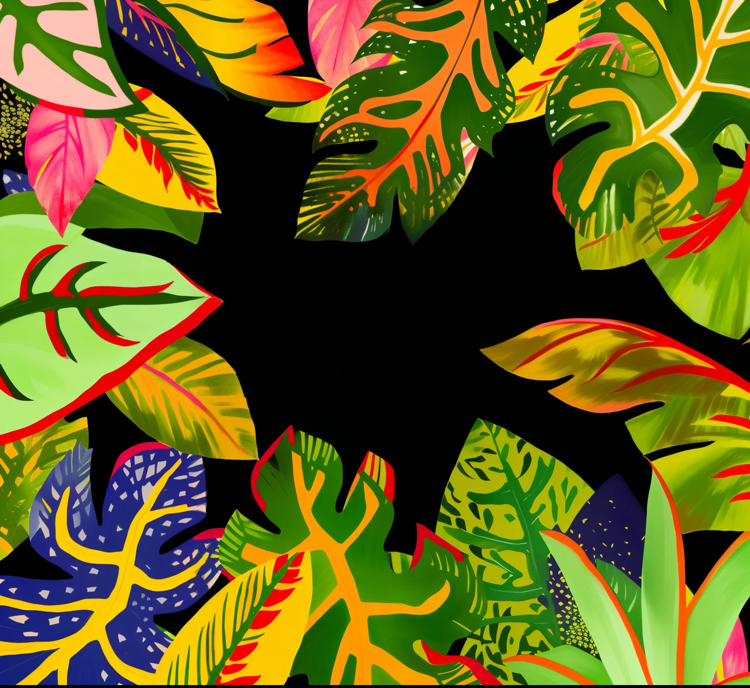 colorful leaves are arranged in a circle on a black background, colorful Plantas tropicais, folhagem vibrante, folhas tropicais, selva colorida, folhagem tropical, vibrant vegetation, folhas coloridas, inspirado em Henri Rousseau, vivid vegetation, Plantas tropicais, folhas verdes coloridas vibrantes, Artistic illustration, botanic foliage, tropical, full-colour illustration, psychedelic vegetation, folhagem exuberante, humor tropical, Frondas