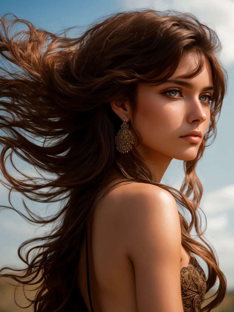 solo, portrait of a beautiful a warrior with brown hair, intricate, elegant, highly detailed, majestic, digital photography, (masterpiece, side lighting, finely detailed beautiful eyes: 1.2), Realistic, Best quality, (Swayback stance:1.3), (Seductive pose:1.3)