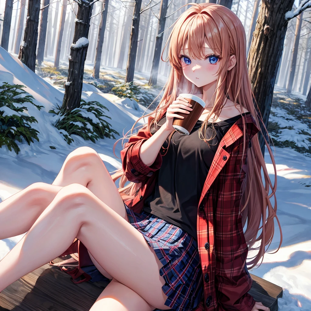 red blonde、blue eyess、one good looking girl、独奏、animesque、lightly dressed、Plaid miniskirt、sitting on、Black T-shirt、coat、the woods、Sunlight、Looks cold、Snow is piled up、drinking steaming tea