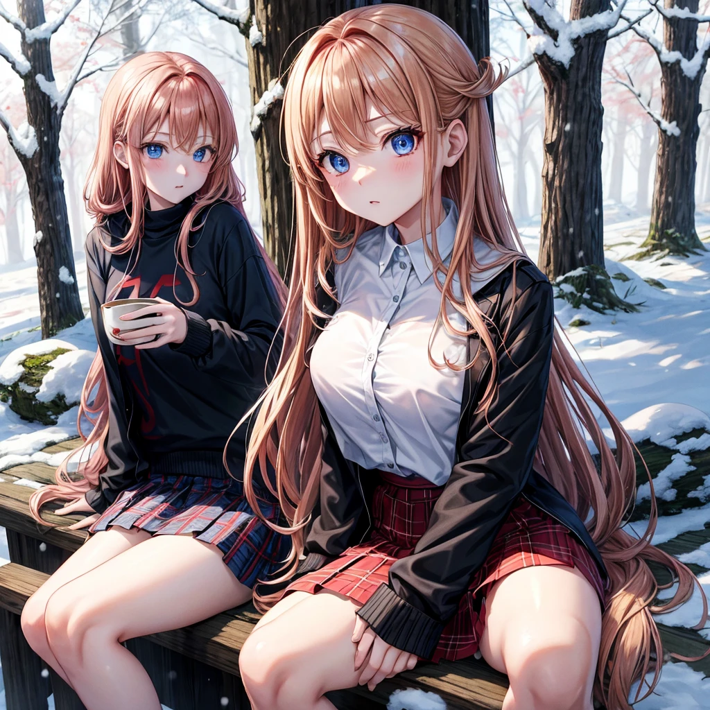 red blonde、blue eyess、one good looking girl、独奏、animesque、lightly dressed、Plaid miniskirt、sitting on、Black T-shirt、coat、the woods、Sunlight、Looks cold、Snow is piled up、drinking steaming tea