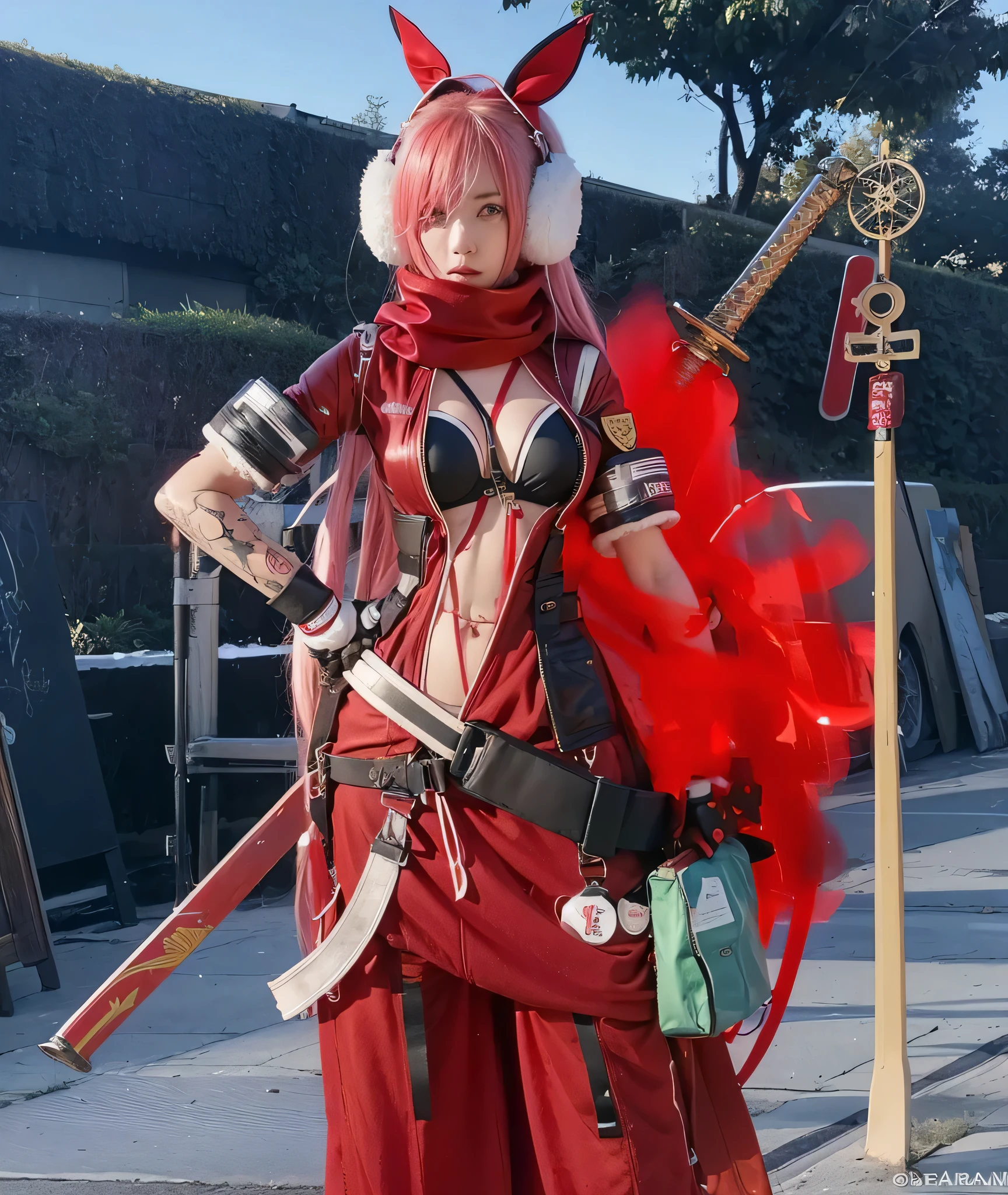 young cute girl, very long pink hair, red and white earmuffs, red hair ribbon, red neck scarf, right arm flame, red jump suit, black leather bra exposed, red tattoos, sword on back