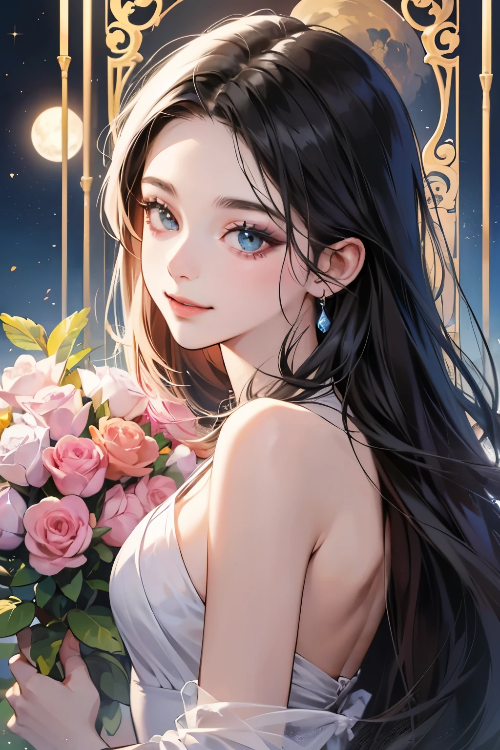 (masutepiece, Digital Art, Digital Illustration, 4K, 8K, Ultra-detailed, beautiful image, Sharp Image, Photorealistic, Raw photo, Perfect face, Perfect lines, Perfect eyes, Soft lighting) ,1 woman, (Long Black Hair,straight haired,Bullish gaze,Beautie,ellegance,Solid makeup,23 y-o woman,small tits:1.3),Two handsome embers in suits, (ember,well-muscled,Firm shoulder width, ember saw,Boyish hairstyle,English gentlemanly style,30&#39;s ember with a cool expression,28 year old ember with a bright smile:1.2),Show white teeth and smile(embarrassed from,Shy smile:1.1),shores,Beach,Beach Wedding、innocent smiles,Laugh、a couple、a couplethe kiss、the kiss、Romance、Mermaid Line Wedding Dresses、Wedding、Bouquet of roses、Wedding、goddess of the moon
