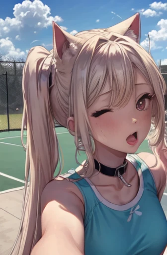 lighting like a movie、top-quality、Wearing sweat、Sweaty blonde hair ponytail、Girl playing tennis on tennis court、Holding a racket in your right hand、Hitting a tennis ball back、pink panty earthing sweatshirts、Rave face with transparent nipples、