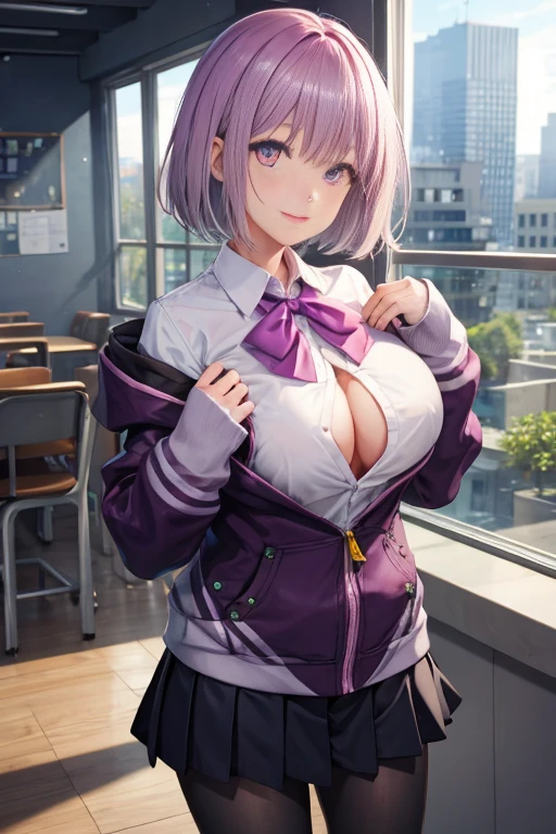 akaneshinjou, shinjou akane, light purple hair, (pink eyes:1.2), short hair,
BREAK black pantyhose, bow, collared shirt, hood, hooded jacket, jacket, open clothes, open jacket, open shirt, pantyhose, purple bow, purple jacket, school uniform, shirt, sleeves past wrists, unbuttoned shirt, white shirt,huge boobs,
BREAK indoors, city,
BREAK looking at viewer, BREAK (masterpiece:1.2), best quality, high resolution, unity 8k wallpaper, (illustration:0.8), (beautiful detailed eyes:1.6), extremely detailed face, perfect lighting, extremely detailed CG, (perfect hands, perfect anatomy),