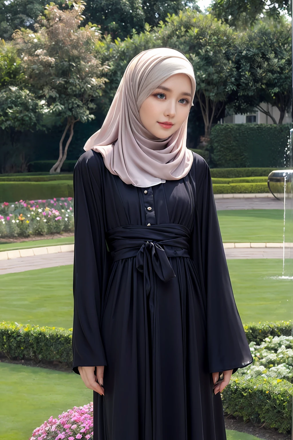 (Close-up:1.2), (flat-chests:1.5), (If you're looking for a japanese modest dress name, look no further! > (Classic Street Abaya Dress:1.3), (Masterpiece, Best Quality:1.2), (hijab:1.4), (headscarf:1.2), Standing Flower Garden, Landscape view, Rose Garden, on the Garden, Premium Garden Background, Clothes that are covered and polite, long-sleeved Hijab clothes, look polite and elegant, ((Best Quality Hijab Hair, Hair close with Hijab))