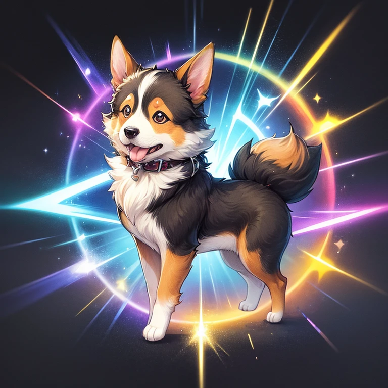 a painting of a colored Welsh Corgi on a black background, breathtaking rendering, within a radiant connection, inspired by Kinuko Y. Craft,, magical elements, wow, is beautiful, casting a multi colorful spell, bright flash, flash