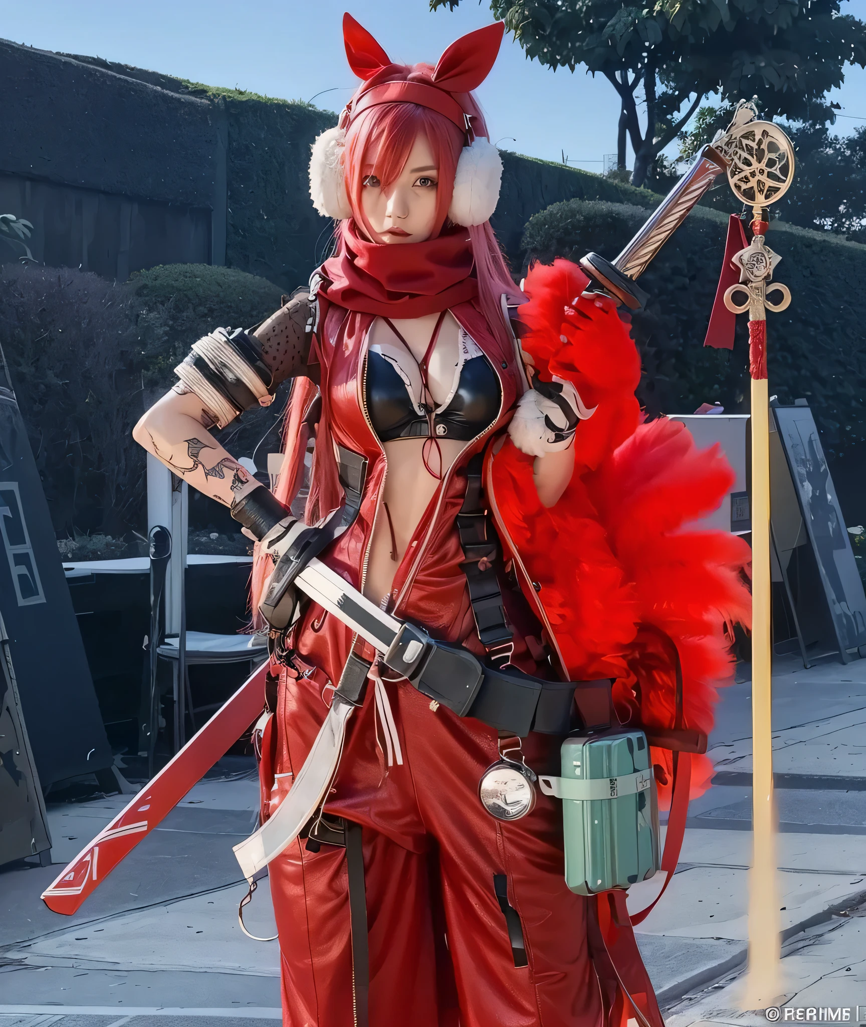 young cute girl, very long pink hair, red and white earmuffs, red hair ribbon, red neck scarf, right arm flame, red jump suit, black leather bra exposed, red tattoos, sword on back