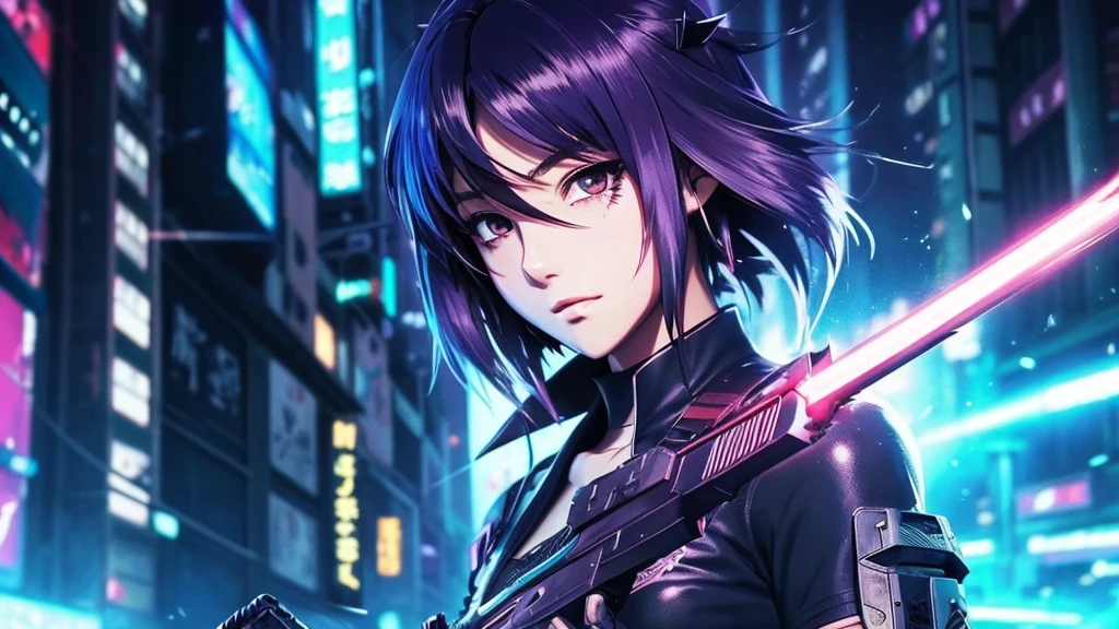A beautiful anime-style, cyberpunk-style girl with random hair is holding a weapon.、pc wallpaper
