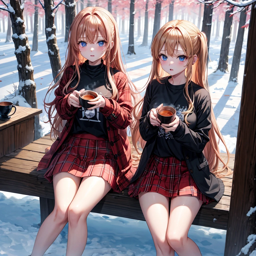 red blonde、blue eyess、one good looking girl、独奏、animesque、Plaid miniskirt、sitting on、Black T-shirt、coat、the woods、Sunlight、Looks cold、Snow is piled up、drinking steaming tea