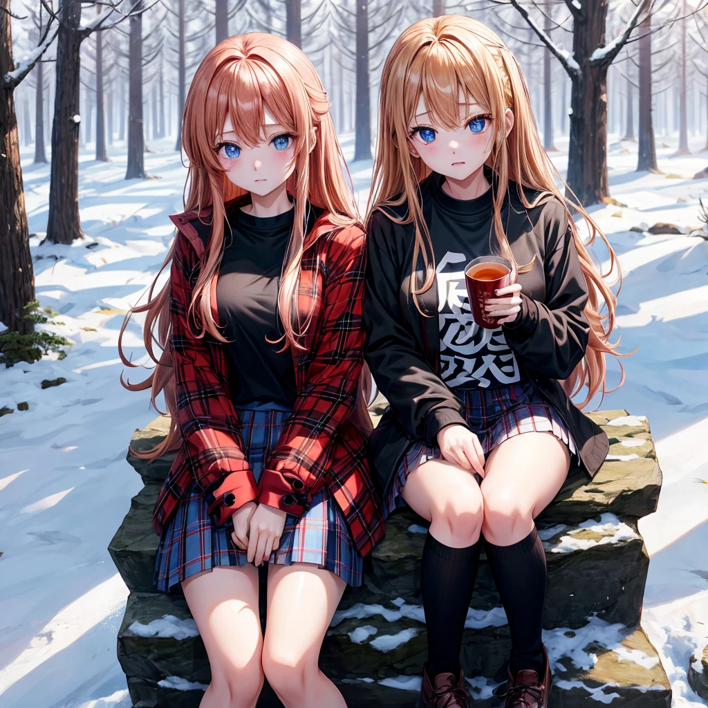 red blonde、blue eyess、one good looking girl、独奏、animesque、Plaid miniskirt、sitting on、Black T-shirt、coat、the woods、Sunlight、Looks cold、Snow is piled up、drinking steaming tea
