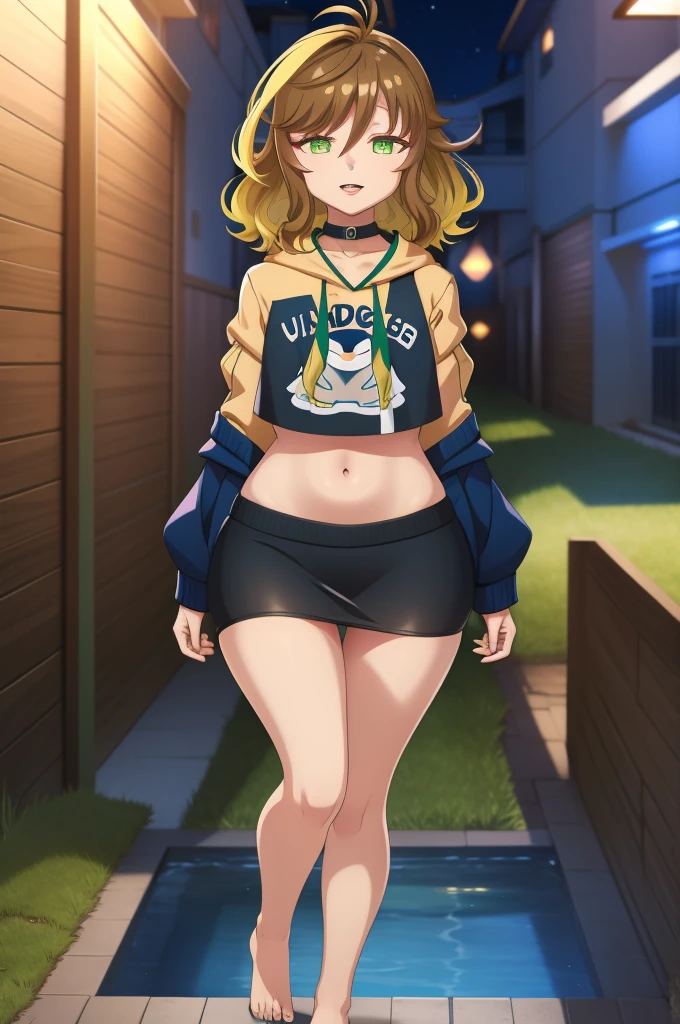 amicia michella - nijisanji, anime style, 1boyl, brown short hair, yellow inner hair, wavy hair, green eyes, detailed eyes, midriff, girly face, seductive, thin lips, painted lips, shy smile face, wide hips, thick thighs, huge round ass, medium breast, full body, dynamic pose, night pool, nsfw