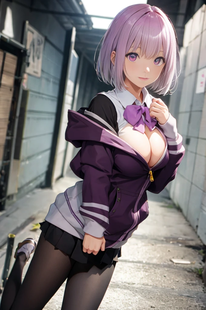 akaneshinjou, shinjou akane, light purple hair, (pink eyes:1.2), short hair,
BREAK black pantyhose, bow, collared shirt, hood, hooded jacket, jacket, ????????????, open jacket, ??????????, pantyhose, purple bow, purple jacket, school uniform, shirt, sleeves past wrists, unbuttoned shirt, white shirt,huge ?????,
BREAK indoors, city,
BREAK looking at viewer, BREAK (masterpiece:1.2), best quality, high resolution, unity 8k wallpaper, (illustration:0.8), (beautiful detailed eyes:1.6), extremely detailed face, perfect lighting, extremely detailed CG, (perfect hands, perfect ???????),
