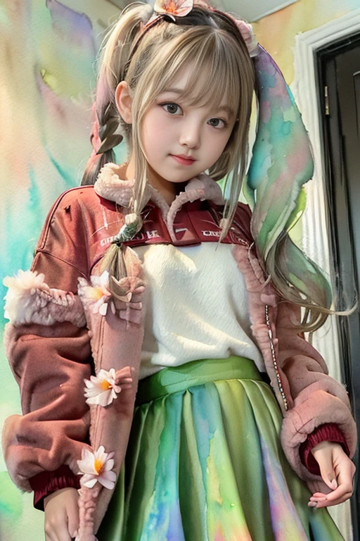 absurdres, ultra-detail, ( girl:1.5), (curvy:1.2), (dynamic angle, dynamic pose:1.2)
BREAK (long wavy hair, side braid, blunt bangs, red eyes:1.2), (fluffy coat, flared long green skirt:1.5), (smile, :3:1.3), looking at viewer, from side, upper body,from below
BREAK (dreamy ambiance:1.4), [:(light gradation watercolor:1.5):8], (soft focus:1.1), (flower:1.4), botanical background,