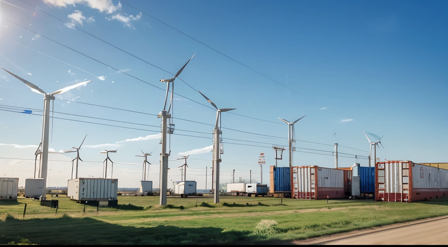 containerized Battery Energy Storage Systems collection connected to solar and wind farms in a European country. there's 3m gap between each container . in the background high tension electricity distribution towers are visible.