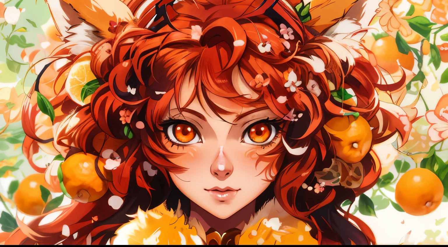anime - style illustration of a woman with oranges in her hair, detailed digital anime art, Fox Girl, cute detailed digital art, girl with fox ears, detailed anime character art, anime fantasy illustration, detailed fanart, digital anime illustration, red hair and fur, Orange Eyes, detailed portrait of anime girl, ultra resolution