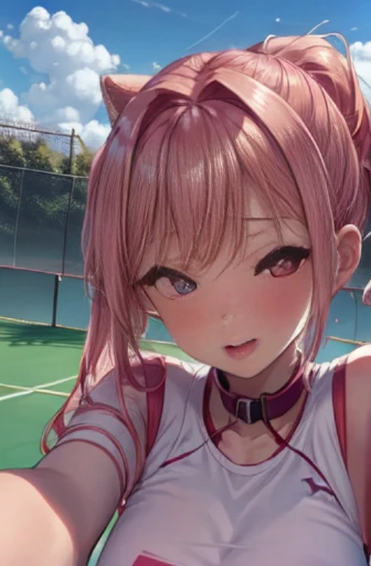 lighting like a movie、top-quality、Wearing sweat、Sweaty blonde hair ponytail、Girl playing tennis on tennis court、Holding a tennis racket in his right hand、Hitting a tennis ball back、pink panty earthing sweatshirts、Rave face with transparent nipples、strong professional tennis player