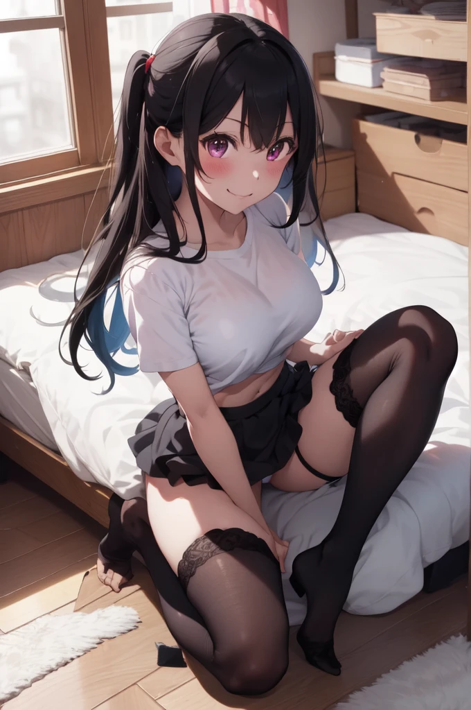 anime, beautiful face, highly detailed face, detailed eyes, highly detailed background, perfect lighting, accurate arms, accurate hands, accurate fingers, full body, 1girl, solo, ruby hoshino, oshi no ko, indoors, heels, thighhighs, garter stockings, bedroom, on a bed, absurdres, high res, ultrasharp, 8K, masterpiece, looking at viewer (sexy pose:1.2), (full body:1.4), smiling with compassion, loving smile, nearly nude, wearing miniskirt, wearing bra, wearing panties, cowgirl position, cowgirl position on the bed, facing viewer, riding position, side angle, side profile, hands on boobs, holding breasts, feeling her breasts