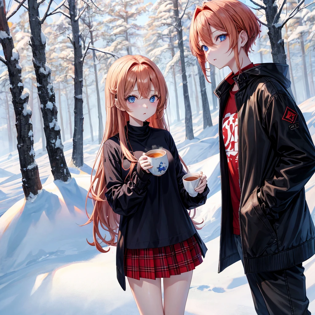 red blonde、blue eyess、one good looking girl、独奏、animesque、Plaid miniskirt、Black T-shirt、coat、the woods、Sunlight、Looks cold、Snow is piled up、drinking steaming tea