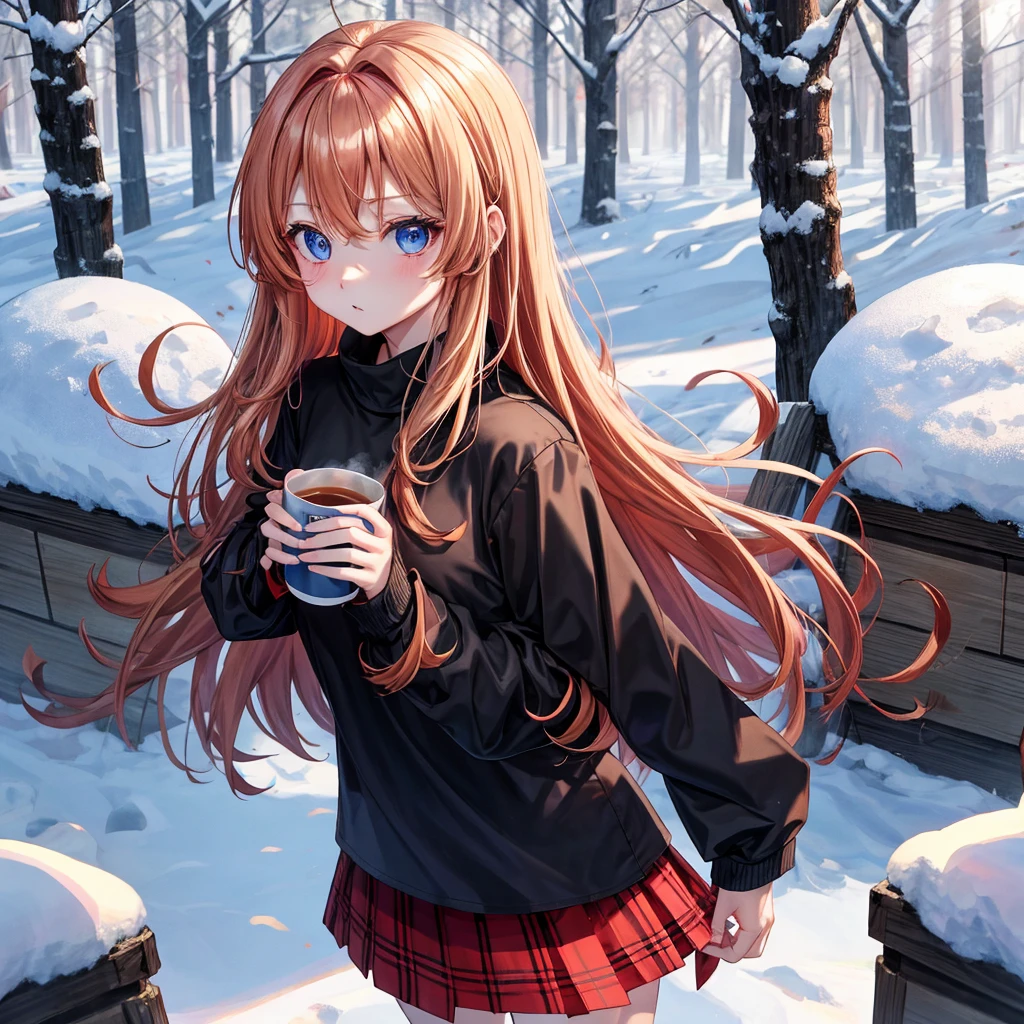 red blonde、blue eyess、one good looking girl、独奏、animesque、Plaid miniskirt、Black T-shirt、coat、the woods、Sunlight、Looks cold、Snow is piled up、drinking steaming tea