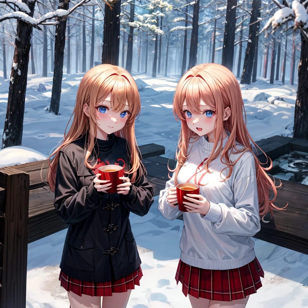 red blonde、blue eyess、one good looking girl、独奏、animesque、Plaid miniskirt、Black T-shirt、coat、the woods、Sunlight、Looks cold、Snow is piled up、drinking steaming tea