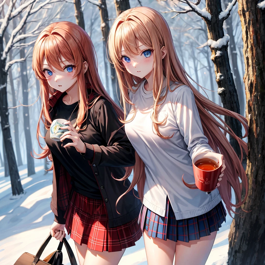red blonde、blue eyess、one good looking girl、独奏、animesque、Plaid miniskirt、Black T-shirt、coat、the woods、Sunlight、Looks cold、Snow is piled up、drinking steaming tea
