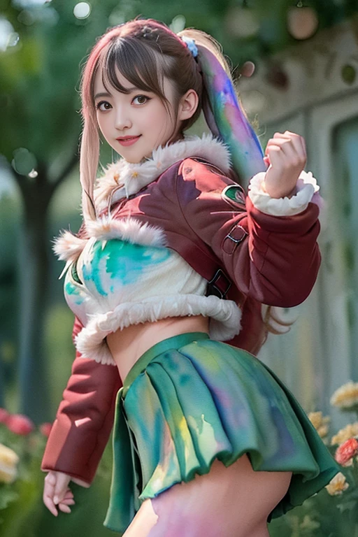 absurdres, ultra-detail, (18yo italian girl:1.5), (curvy:1.2), (dynamic angle, dynamic pose:1.2)
BREAK (long wavy hair, side braid, blunt bangs, red eyes:1.2), (fluffy coat, flared long green skirt:1.5), (smile, :3:1.3), looking at viewer, from side, upper body
BREAK (dreamy ambiance:1.4), [:(light gradation watercolor:1.5):8], (soft focus:1.1), (flower:1.4), botanical background,