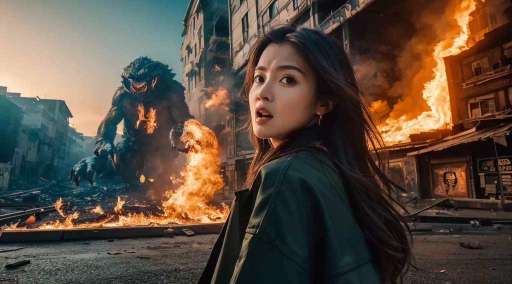 (in 8K, RAW Photos, top-quality, masterpiece:1.2), (realisitic, Photorealsitic:1.37), ultra-detailliert, high resolution,Beautiful Girl, Looking at Viewer, with Huge Monster, terrified expression,building crumbling, Burning flame, stunningly beautiful face, dynamic ungle