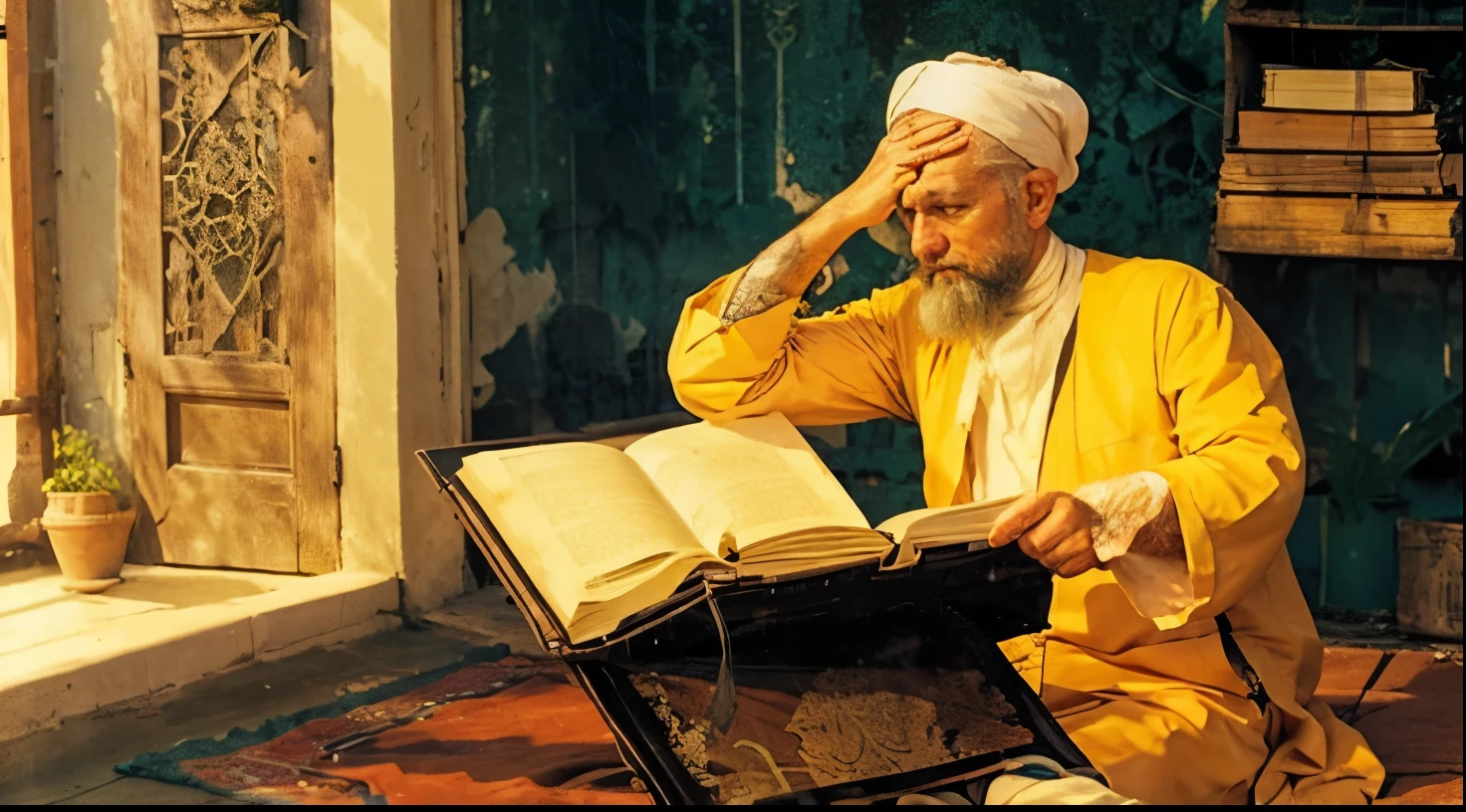 white-bearded muslim old man reading