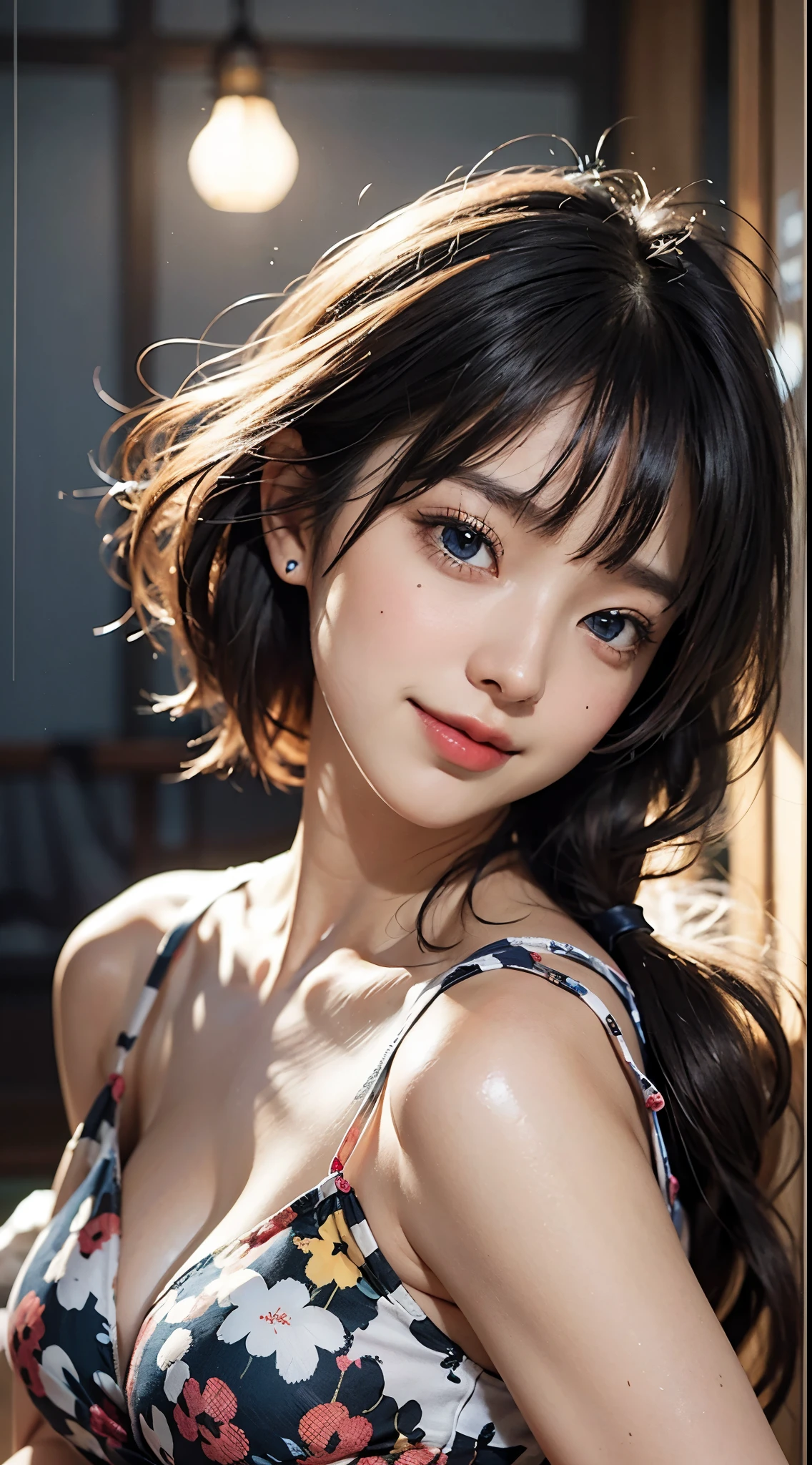 An ultra-high picture quality、japanes、1 woman around 20 years old、Black hair、short-cut、Beautiful face with blue eyes、A detailed face、Detailed eyes、realisticeyes、Detailed skin、realskin、Detailed hair strands、dishevled hair、disheveled hair、Slim body、Beautiful body、Nice style、Soft looking、((Hollow smile))、In a moonlit room、Sit with your knees、on the beds、Put your face on your lap、Head Tilted、Lonely look、