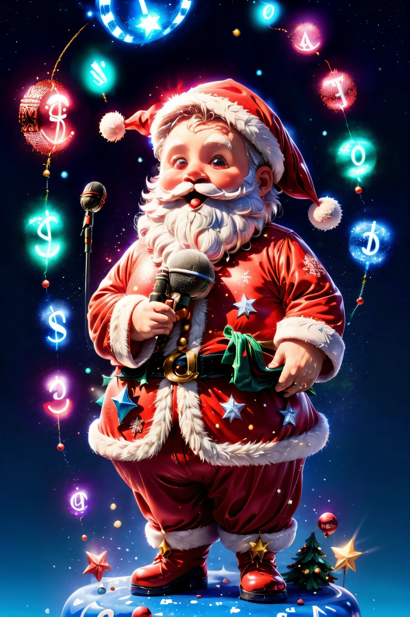 ((1 cute Santa Claus))，((Singing with a microphone)), (((Many syllable symbols are floating in the air)))，Christmas elements，Snowy days，8K, Irridescent color, vivd colour，Blacklight,